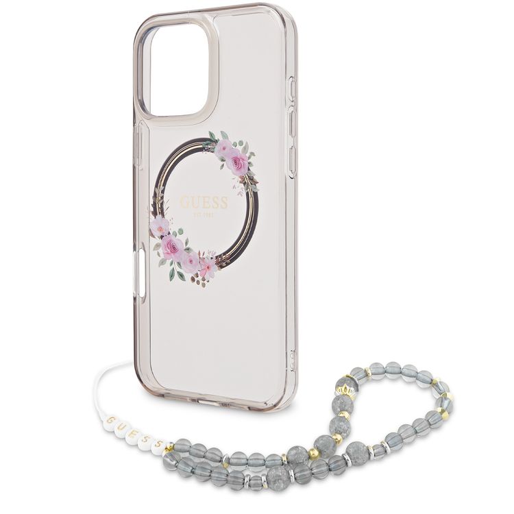 Guess Magsafe IML Hard Case for iPhone 16 Pro with Flower Wreath Design & Pearl Strap, Lightweight, Comfortable Grip, Drop Protection -Black 
