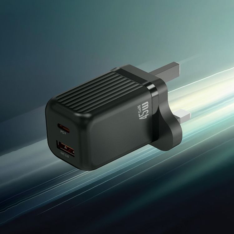 Green Lion Ultra Compact GaN Wall Charger with Type-C to Type-C Cable, PD 45W, QC 18W, USB-A & USB-C Ports, 3-Pin UK Plug, PC Flame Retardant Material, Charging Protection, GaNStorm Technology - Black