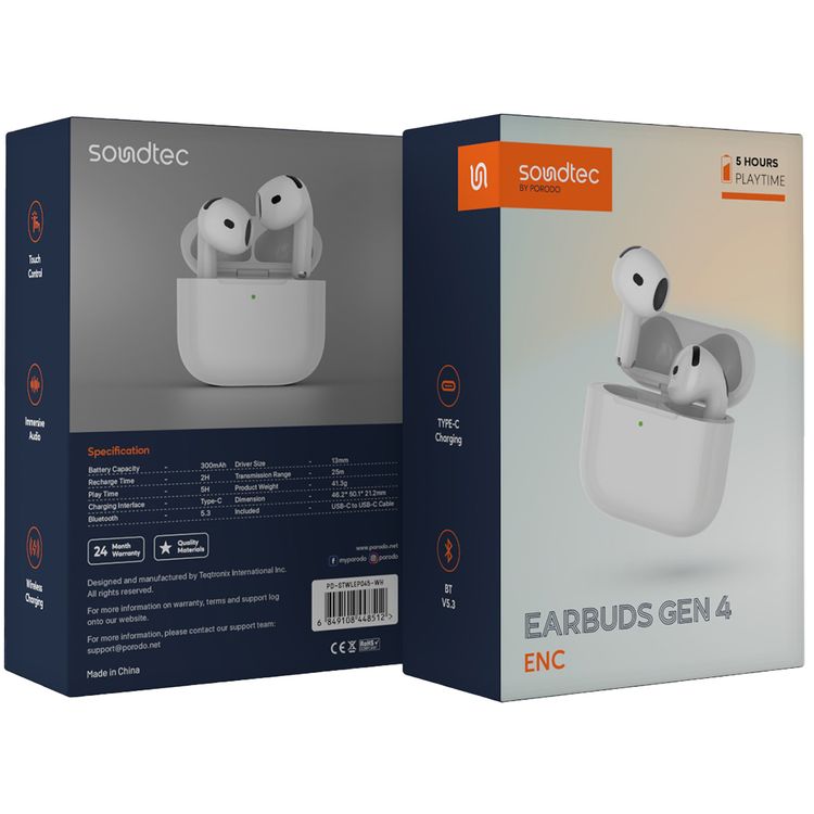 Porodo Soundtec Earbuds Gen 4 with Environmental Noise Cancellation, 5 Hours Play Time, 25m Transmission Range, Touch Control, Wireless Charging - White