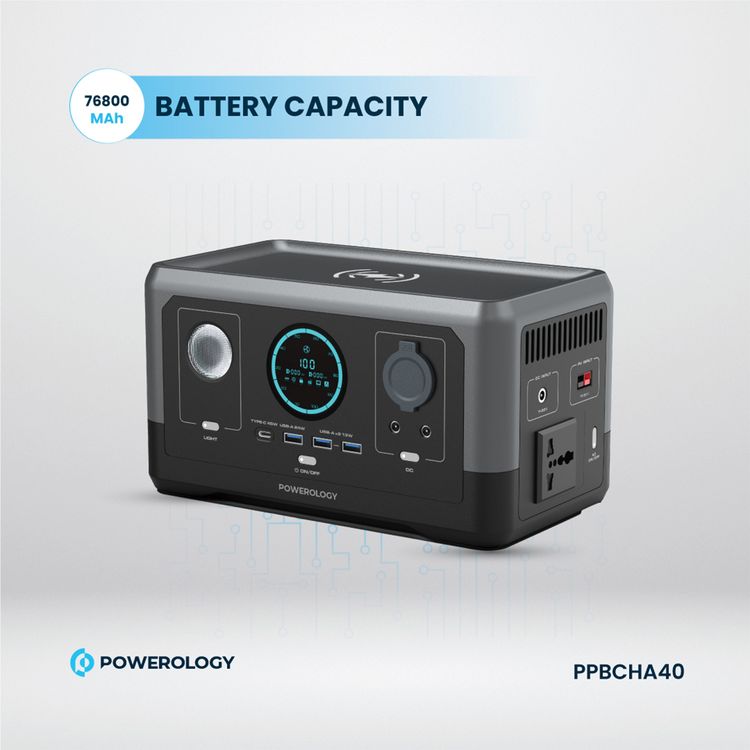  Powerology 76800mAh 300W Solar Input Portable Power Generator, 45W PD, 100W Solar Input, 15W Wireless Charger Output, 8A Car Power Output - Black