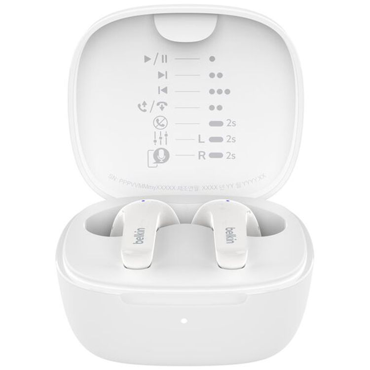 Belkin True Wireless Earbuds with ENC, Up to 28 Hours Playtime, 2 Layer Dynamic 7mm Driver, 1.5 Hours Charging Time, Qi-Wireless Charging Support, IPX5 Water Resistance Level, Bluetooth Version 5.2, 520mAh Charging Case Capacity, 60mAh Each Earbud Capacity - White