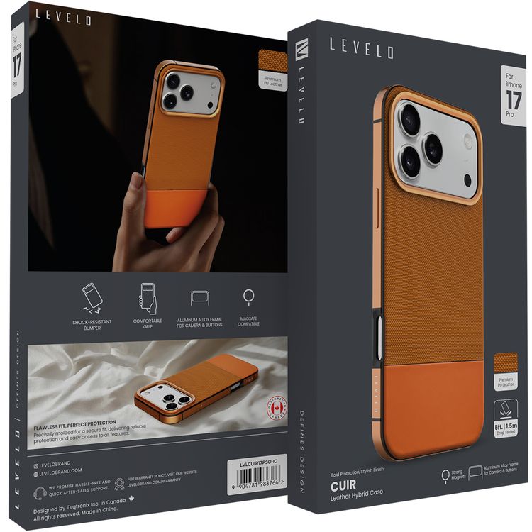 Levelo Cuir Leather Hybrid Case with Comfortable Grip for iPhone 17 Pro, Strong Magnets & MagSafe Compatible, Shock-Resistant Bumper, Aluminum Alloy Frame for Camera & Buttons, Drop-Tested - Sunrise Orange