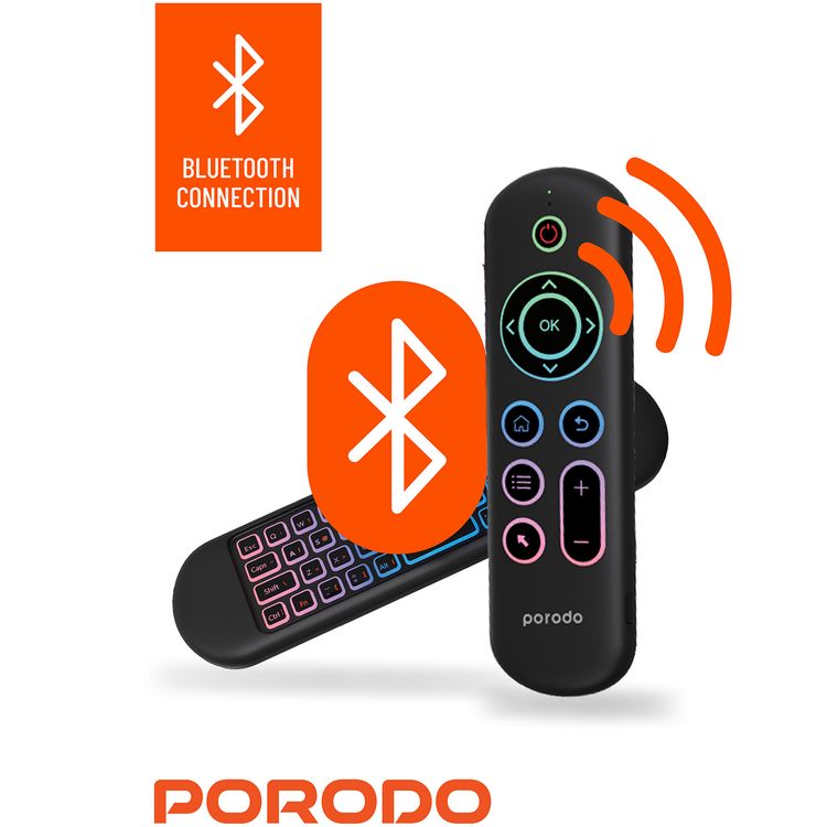 Porodo Air Mouse Remote and Mini Keyboard with 6 Axis Gyro Sensor, Arabic & English Layouts, 58 Full QWERTY Keyboard Keys, 3 Adjustable Level Mouse Pointer Movement, 250 mAh Battery Capacity - Black