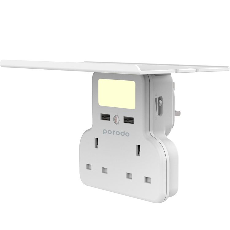 Porodo Multi-Function Socket & Night Light with Built-in Tablet & Phone Tray, 3250W AC Output, Fire-Retardant Material, 12W USB-A Output, Overcharge & Overheat Protection - White