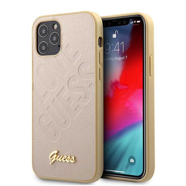 CG Mobile Guess PU Iridescent "LOVE" Debossed Case with Metal Logo for iPhone 12 Pro Max (6.7") Shock & Drop Protection Suitable with Wireless Chargers Officially Licensed Light Gold