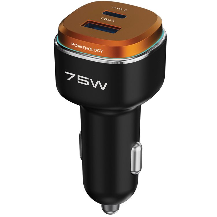 Powerology Nirvano 5-in-1 Power Travel Kit with 2.5L Travel Bag, 10000mAh MagSafe Power Bank, 75W Dual-Port USB-C + USB-A Output Car Charger, 45W GaN Wall Charger, 1m/60W USB-C Cable, UK 3-Pin Plug, N54 Magnet Type,  Car Charger Total Output 75W, Car Charger Material Zinc Alloy + PC - Black / Orange