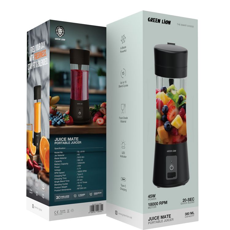 Green Lion Juice Mate Portable Juicer with 380mL Capacity, 6-Blade Design, Up to 15 Blending Cycles, 1200mAh Battery & USB-C Charging Port, LED Indicator, 20 Seconds Single Blend Time, BPA-Free & Food-Grade Material - Black