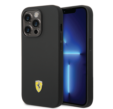 Ferrari Liquid Silicone Case with Black Camera Outline & Metal Logo iPhone 14 Pro Compatibility - Black