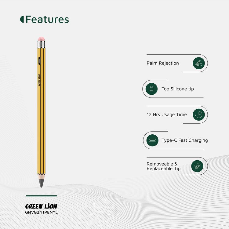 Green Lion Vintage 2-in-1 Stylus Pencil with Up to 12 Hours Working Time, 1.7mm Nib Diameter, Removeable & Replaceable Tip, 130mAh Battery Capacity, Palm Rejection - Yellow