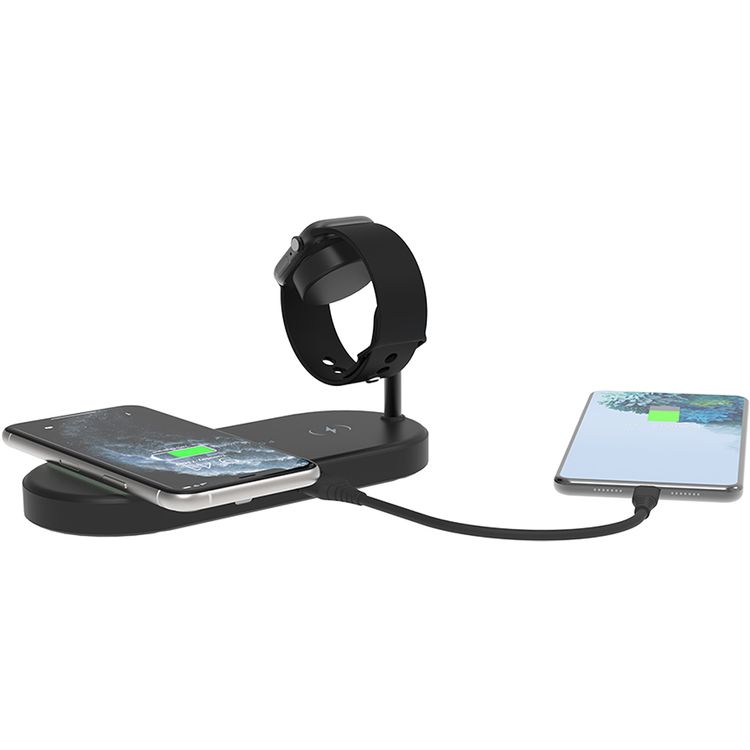 Powerology Portable 4-in-1 Fast Charging Power Dock with 49W Total Output, 60W UK 3-Pin Adapter Included, PowerDash 3.0, Apple Watch Series 1-5 Compatibility - Black