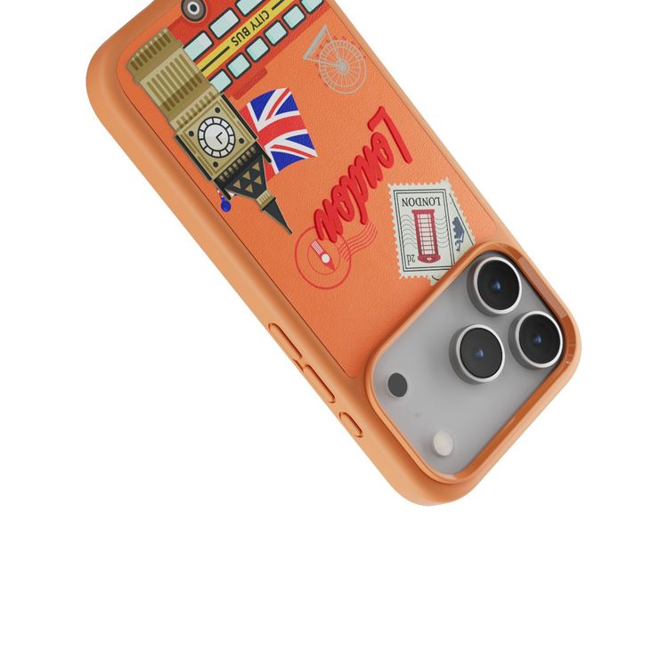 Levelo Vallo PU Leather Case for iPhone 17 Pro Max with Embroidery London Finish, Comfortable Hold, Durable PU Leather, Raised Bezels for Camera and Screen, True Microfiber Interior Lining, Scratch & Wear Resistant, Shock-Resistant Bumper - Sunrise Orange