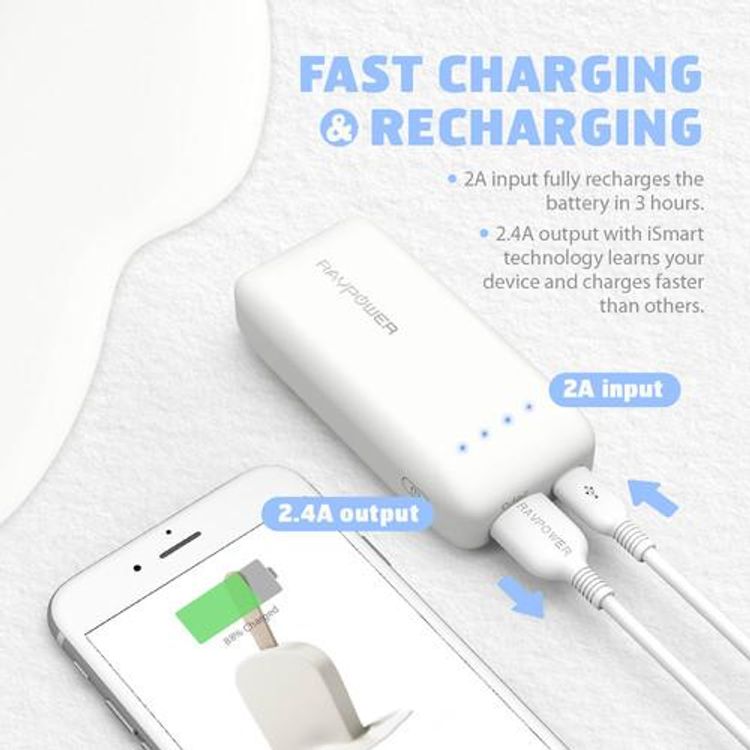 باور بانك RAVPower سعة 6700 مللي أمبير مع تقنية iSmart 2.0، مؤشرات بطارية LED مدمجة، تصميم بحجم راحة اليد، مدخل Micro-USB 2A ومخرج USB-A 2.4A - باللون الأبيض