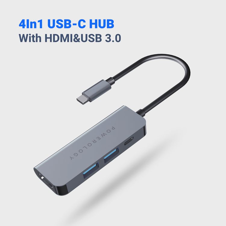 Powerology 4-in-1 USB-C Hub with HDMI & USB 3.0, 60W Power Delivery, Fast Charge & Data Transfer, 4K HDMI, 5Gbps Data Transmission, Aluminum Shell - Gray