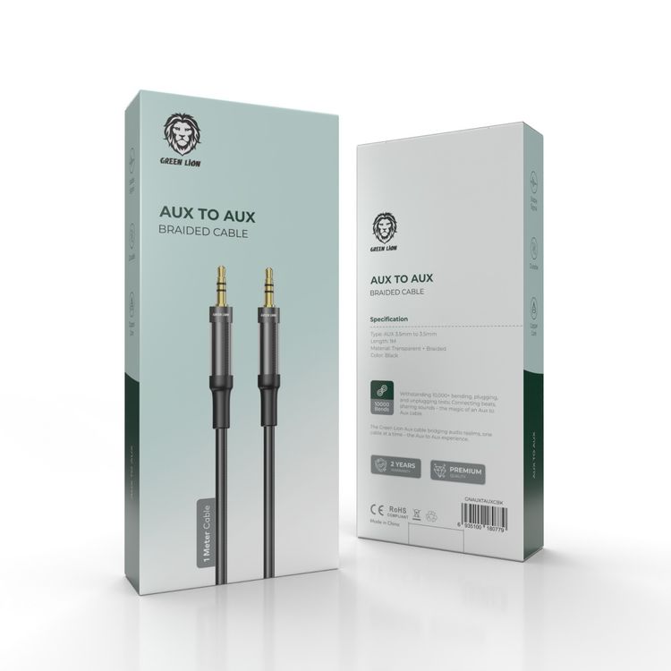 كابل مضفر AUX إلى AUX من Green Lion، عمر افتراضي يصل إلى 10000 ثنية، مادة متينة، طول الكابل 1 متر، قلب نحاسي، إشارة مستقرة - أسود