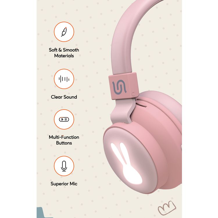Porodo Soundtec Kids Rabbit Wireless Headphones with Clear Sound, Superior Microphone, LED Lights, Up to 30 Hours Playtime, 10m Bluetooth Range - Pink
