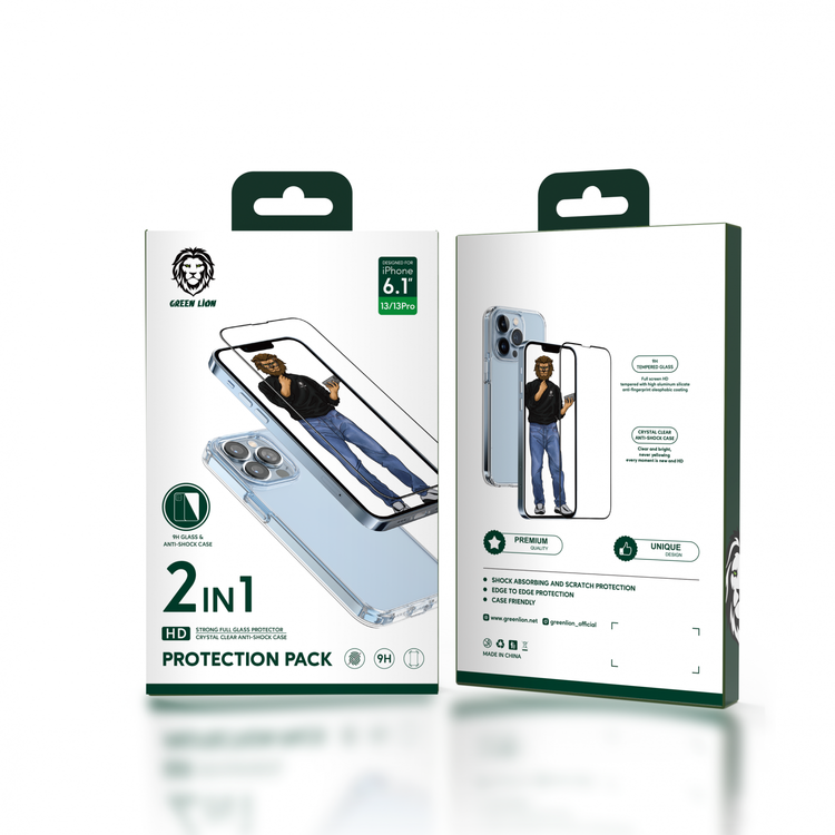 Green Lion 2-in-1 Protection Pack for iPhone 13, Clear Case & Screen Protector, Oleophobic Coating, Shock Absorption, Anti-Fingerprint, Edge to Edge Protection, Anti-Scratch - Clear
