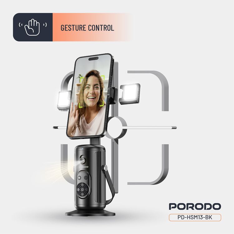 Porodo Face Tracking Smart Mount with Wireless Shutter, Detachable Fill Light, Gesture Control, Lightweight Design, 1800 mAh Battery - Black