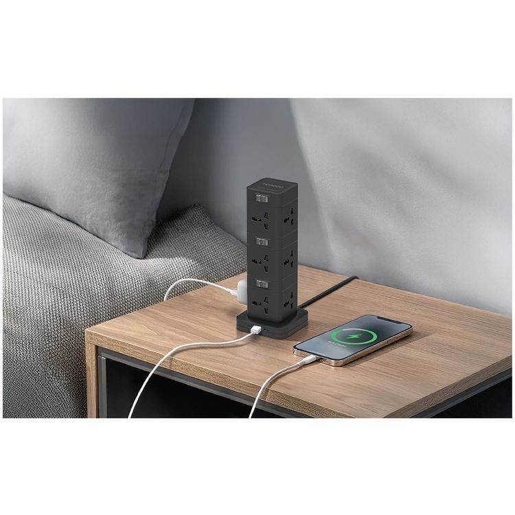 Porodo Three-Story Power Hub with USB-C PD & Quick Charge 3.0, Built-in Safeguards, 3m Cable Length, 12 AC Sockets, PC Material - Black