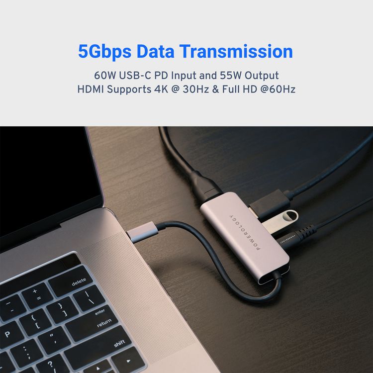Powerology 4-in-1 USB-C Hub with HDMI & USB 3.0, 60W Power Delivery, Fast Charge & Data Transfer, 4K HDMI, 5Gbps Data Transmission, Aluminum Shell - Gray