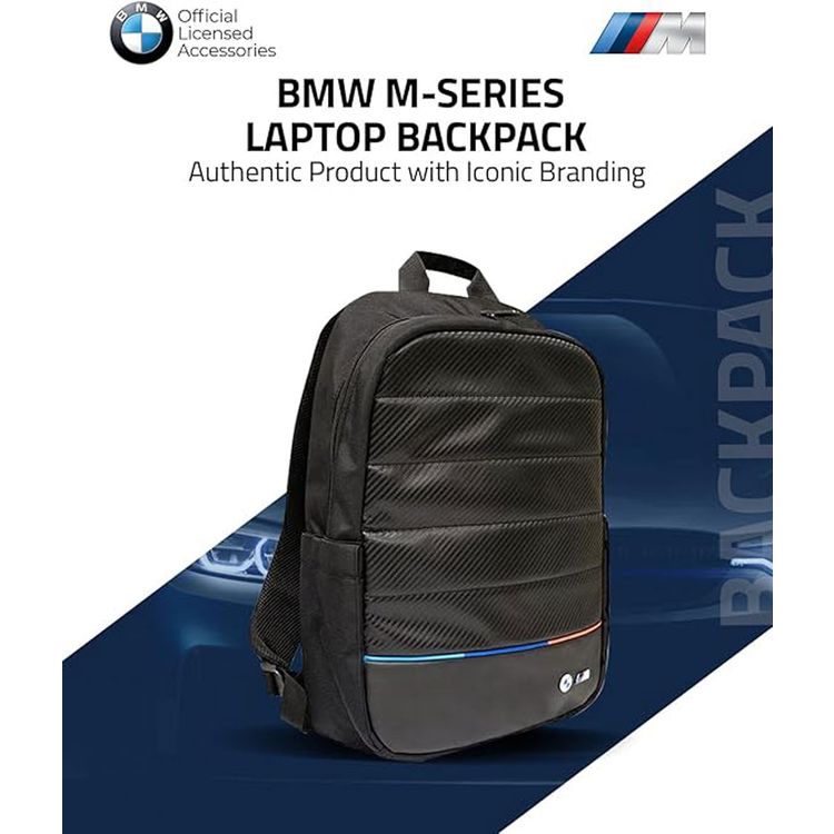 BMW Carbon & Leather Tricolor 15" Backpack with High-Quality Nylon + Synthetic Leather & Polyester Lining Material, Multiple Pockets, Adjustable Shoulder Strap, Water Resistant, Scratch-Resistant - Black