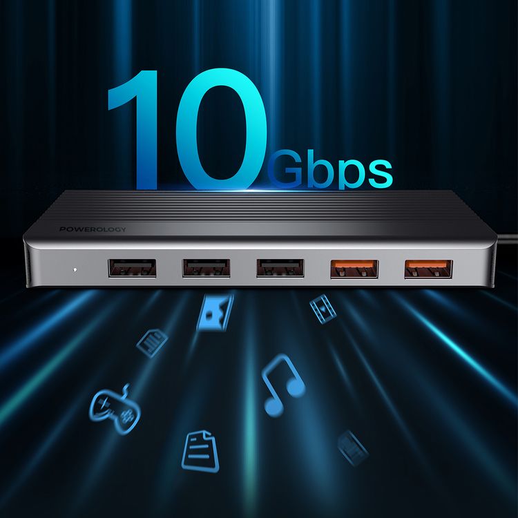Powerology 12 in 1 - Hdmi & DP 4K Usb-C Hub Ethernet 10Gbps Data Transfer - Gray
