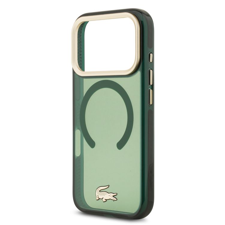 غطاء لاكوست ماج سيف شفاف من مادة TPU وPC مع تشطيب متجمد لهاتف آيفون 17 برو ماكس، يوفر حماية من السقوط، تصميم نحيف، تغليف مستدام، تصميم سهل التركيب - باللون الأخضر / الذهبي.