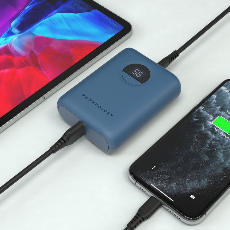 Powerology Ultra-Compact PD 10000mAh Power Bank with Digital Display, 20W Power Delivery, USB-A QC 18W, 0%-60% Charge in 35 Minutes, PowerDash 3.0, Lithium-ion Battery, Lightweight & Compact - Blue