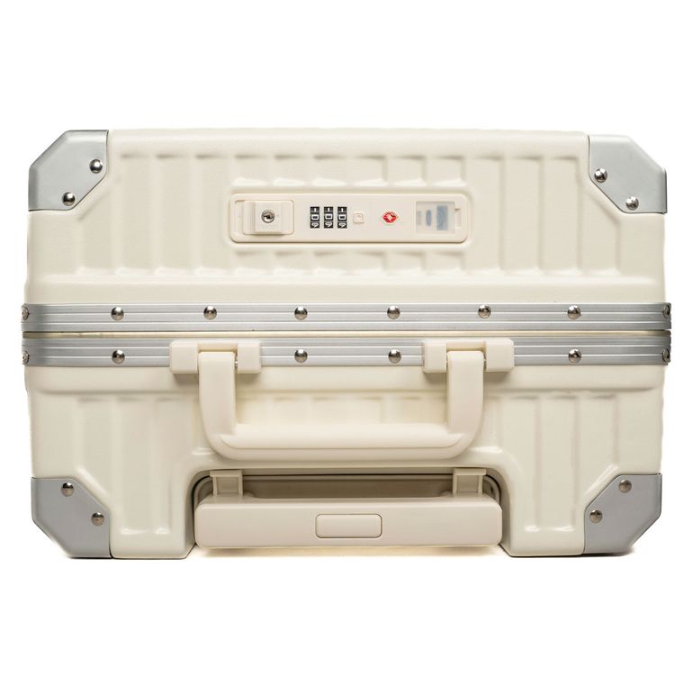 Levelo RoamRollers 20" Travel Luggage with Aluminum Body Material, USB-A & USB-C Output Ports, Metal Corner Protection, Front Pocket Compatible with Up to 15.6" Laptop, Phone and Cup Holder, Silent Spinner Wheels - White