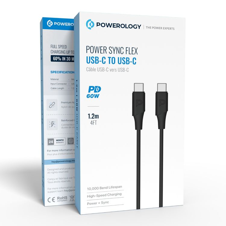 كابل باورولوجي باور سينك فليكس من USB-C إلى USB-C بطول 1.2 متر، عمر افتراضي يصل إلى 10000 انحناءة، شحن سريع ونقل بيانات، مصنوع من مادة TPE، سرعة نقل بيانات 480 ميجابت في الثانية، توصيل طاقة بقوة 60 واط - باللون الأسود.