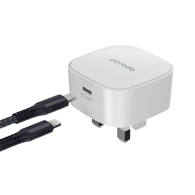 Porodo Super-Compact Fast Charger with Type-C to Lightning Cable, 20W USB-C Power Delivery, Overcurrent Protection, UK 3-Pin Plug, Fire Retardant Material, 0%-60% Charge in 30 Minutes - White