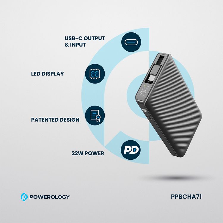 Powerology 10000mAh Retractable Cable Power Bank with LED Display, Lightweight & Portable Design, Fast-Charging, USB-C Input & Output, 2-Device Charging, Patented Design, 22W Power Delivery - Black
