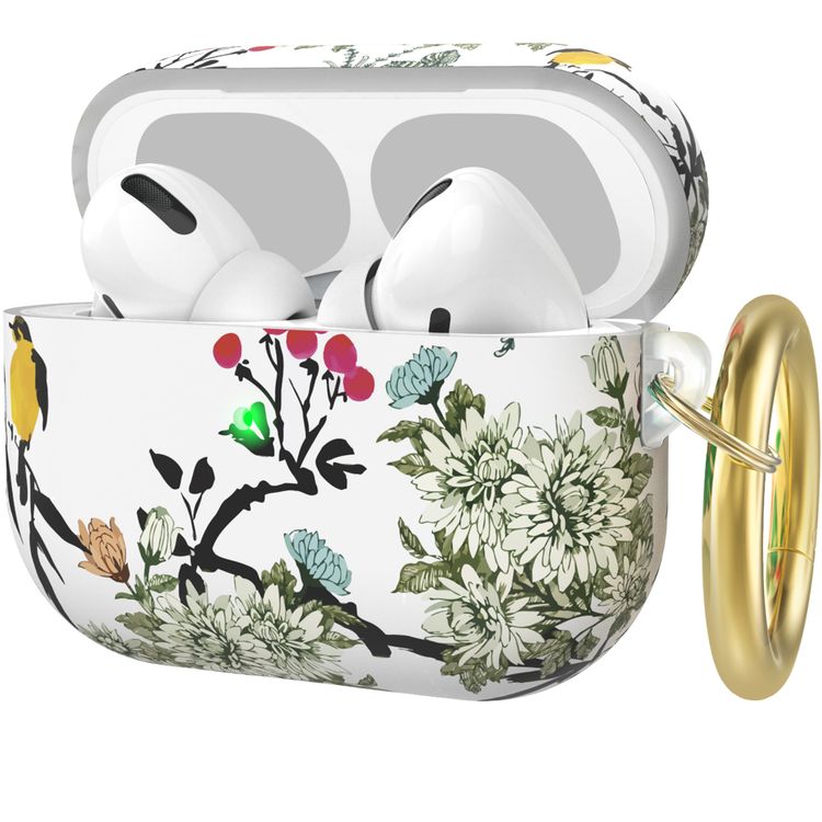 AhaStyle Premium TPU Rugged Hard Shell Design Case with Anti-Lost Ring Compatible for AirPods Pro, Scratch Resistant, Shock Absorption, Drop Protection, & Dustproof Protective Hard Shell Cover Suitable with Wireless Charging - Ink Flowers & Birds - AirPods Pro