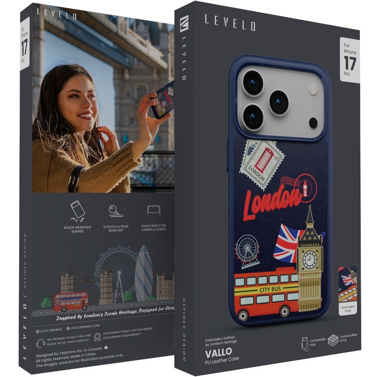Levelo Vallo PU Leather Case for iPhone 17 Pro with Embroidery London Finish, Comfortable Hold, Durable PU Leather, Raised Bezels for Camera and Screen, True Microfiber Interior Lining, Scratch & Wear Resistant, Shock-Resistant Bumper - Cobalt Blue