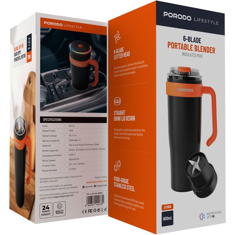 Porodo Lifestyle 6-Blade Portable Blender & Insulated Mug with 900mL Capacity, 18000 RPM Motor Speed, 70W Rated Power, 304 Food-Grade Stainless Steel Material, Keeps Hot & Cold for up to 6 Hours, 2x 1500mAh Battery Capacity, USB-C Charging Interface, Spill-free Lid Design - Black / Orange