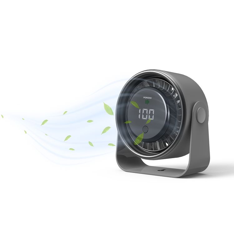 مروحة تبريد ميني فلورا من بورودو لايفستايل مع شاشة LED رقمية وتحكم باللمس، وقت تشغيل يصل إلى 9.5 ساعات، منفذ شحن USB-C، بطارية 3000 مللي أمبير، 4 أوضاع للسرعة، تشغيل صامت - رمادي