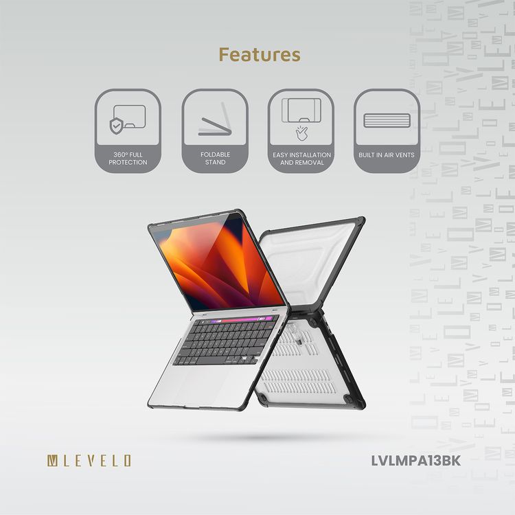 Levelo Espectro Case for MacBook Air 13.3" (2018-2020), 360° Full Protection, Foldable Stand Design, Built-in Air Vents, Shock-Proof Edges, Easy Installation & Removal - Black
