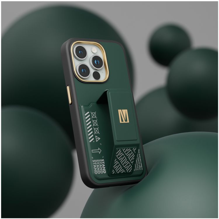 Levelo Morphix Cuero Gripstand Case for iPhone 15 Pro with Cardholder, Multi-Positioning Modes, PU Leather Material, Shock-Proof Edges - Green