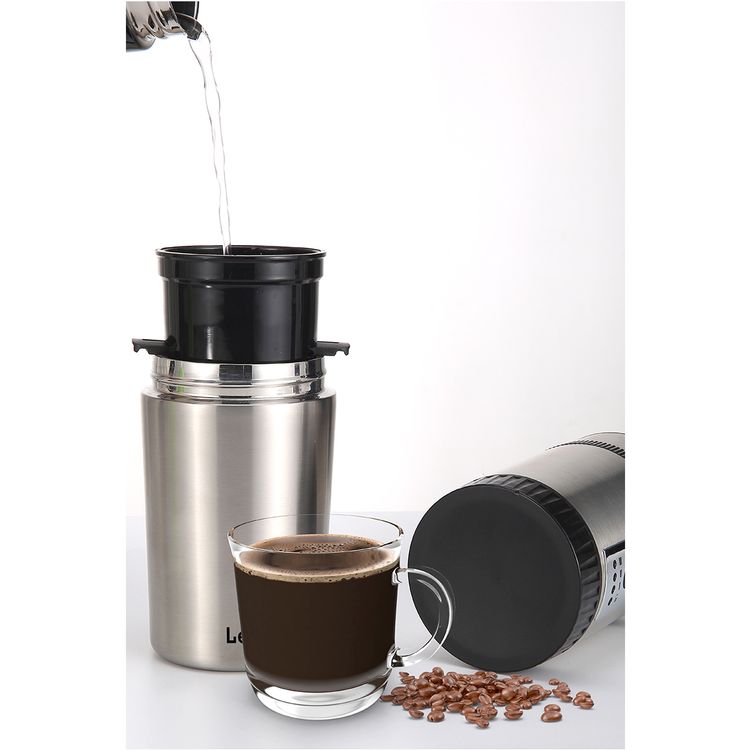 LePresso Portable Burr Mini Grinder and Coffee Maker with Type-C Charging Port, Adjustable Grind Size, Drip Filter, Travel Mug, 250mL Mug Capacity, 18g Coffee Bean Capacity, 1600mAh Battery - Silver