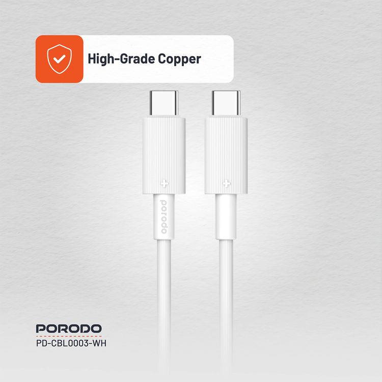 Porodo USB-C to USB-C PVC Cable, 480Mbps Transfer Speed, 60W Power Delivery, more than 15000 Bends Life Span, 1.2m Cable Length, Tangle Free - White