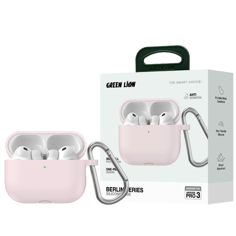 غطاء سيليكون سلسلة Green Lion Berlin لأجهزة AirPods Pro 3 مع مشبك معدني محمول، حماية كاملة بزاوية 360°، ملاءمة سلسة، ملمس مناسب للبشرة، تصميم قطعة واحدة، مقاوم للخدش، مقاوم للصدمات - وردي