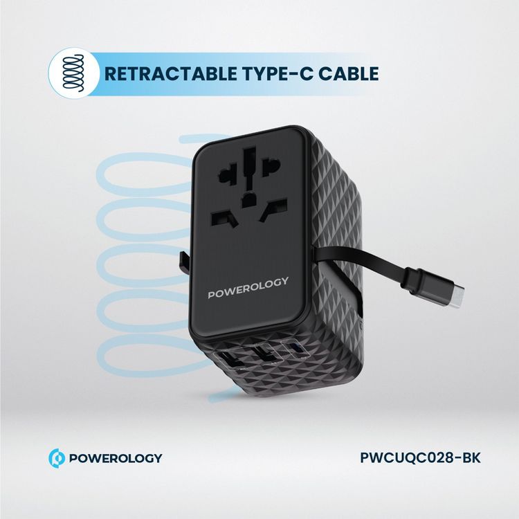 Powerology GaN 20W PD Universal Adapter with Retractable Type-C Cable, Simultaneous Charging, Includes Spare Fuse, Built-In Safeguard - Black