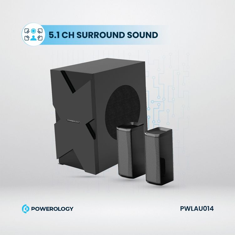 Powerology 5.1CH Home Theater Soundbar with Dolby Audio with Wireless Subwoofer/Surround, 10M Bluetooth Range, LED Display, Remote control, TV ARC Input, USB & AUX Port -  Black