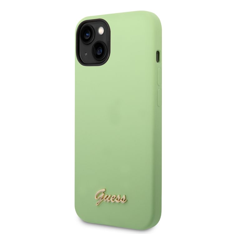 Guess Liquid Silicone Case With PC Camera Outline & Script Metal Logo - iPhone 14 - Green