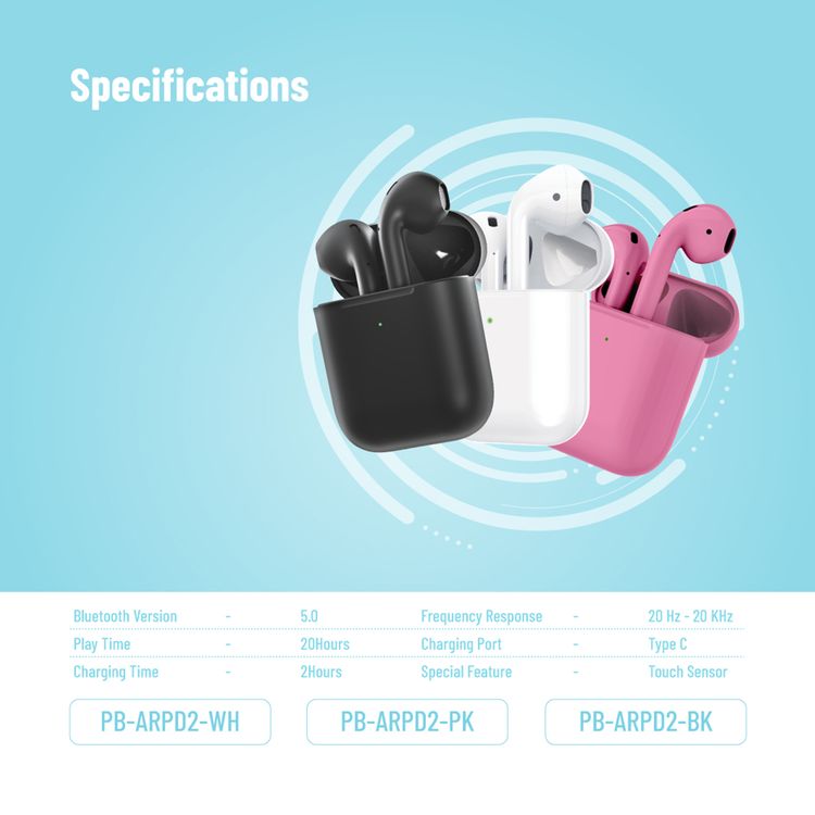 Porodo Blue Deep Bass Wireless Earbuds 2, One-Step Pairing, Comfortable Fit, Independent Earbuds, Touch Control, Deep Bass -  White