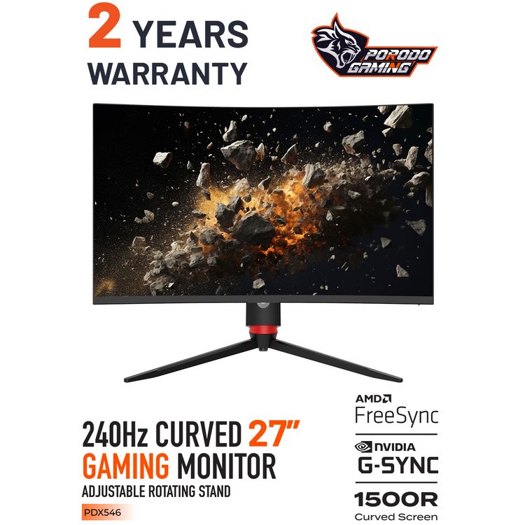 Porodo Gaming 27" 240Hz Curved Gaming Monitor Adjustable Rotating Stand - Black - 27 Inch