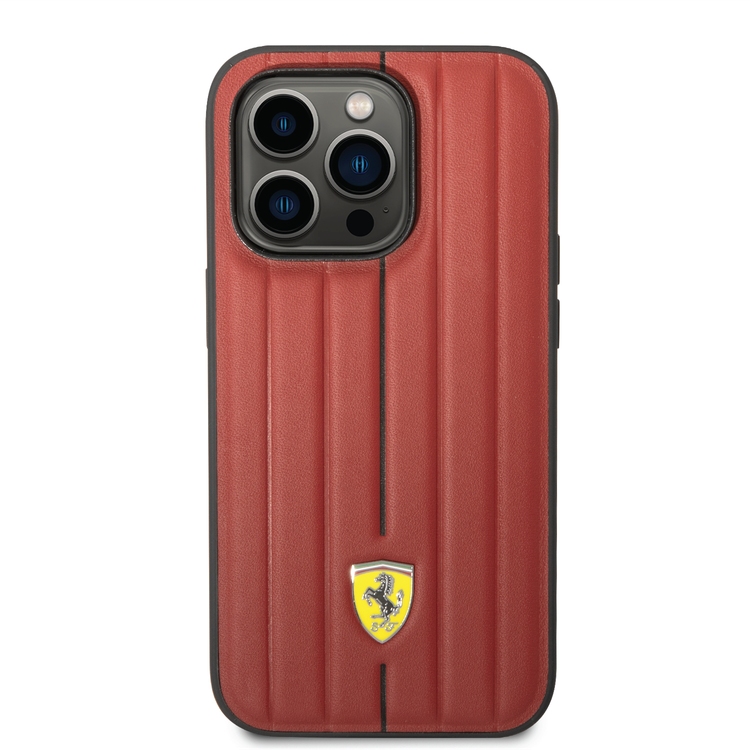 Ferrari Leather Case With Embossed Stripes & Yellow Shield Logo - iPhone 14 Pro Max - Red