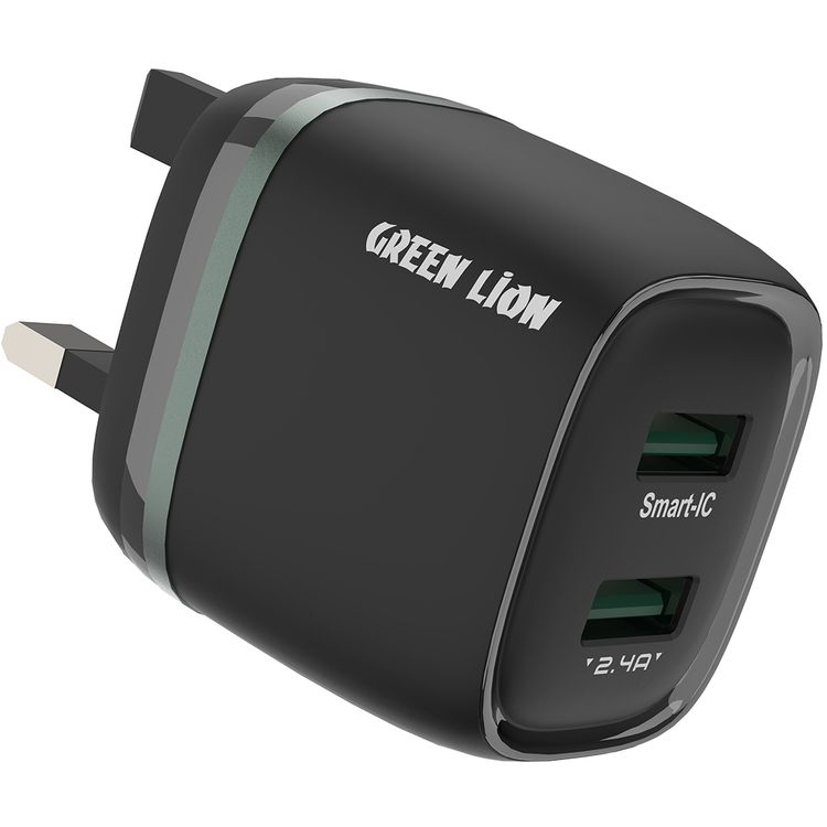 Green Lion Dual Port Wall Charger with USB-A to Micro Cable Type, 1m Cable Length, 3-Pin UK Plug, 12W Power, 2.4A Fast Charging, ×2 USB-A Ports, Charging Protection, Multi-Device Charging, Portable Design - Black