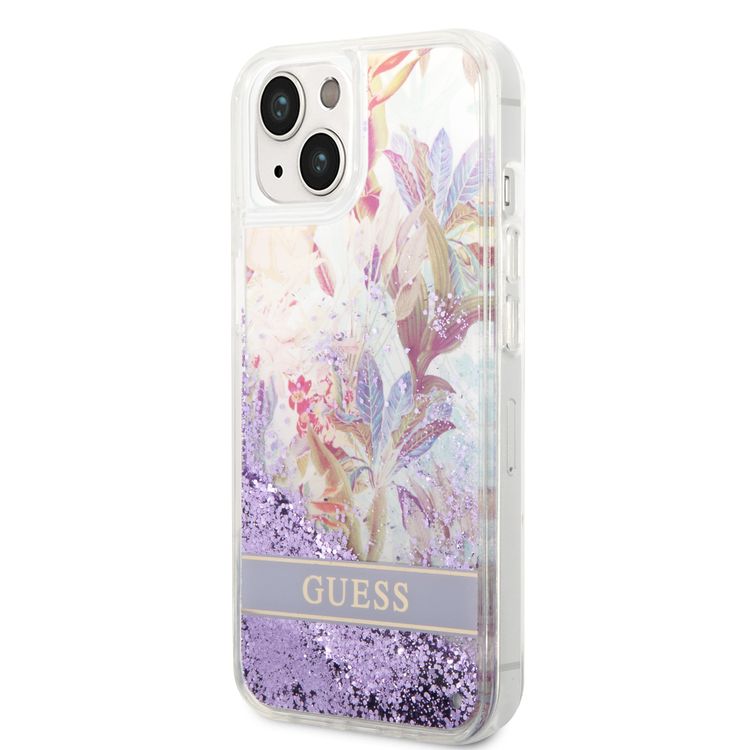 Guess Liquid Glitter Case with Flower Pattern Extra Shine Smooth Touch Feel iPhone 14 Compatibility - Purple