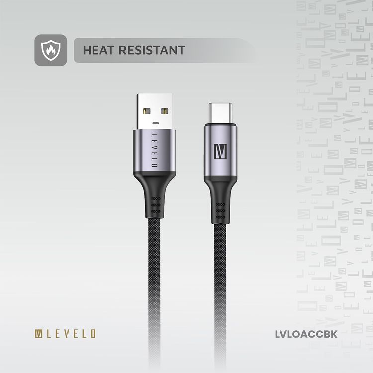 كابل Levelo Otto من USB-A إلى USB-C مع مقاومة للحرارة، شحن سريع ومزامنة البيانات، معدل نقل بيانات 480 ميجابت في الثانية، خالٍ من التشابك، طول الكابل 1.2 متر - أسود