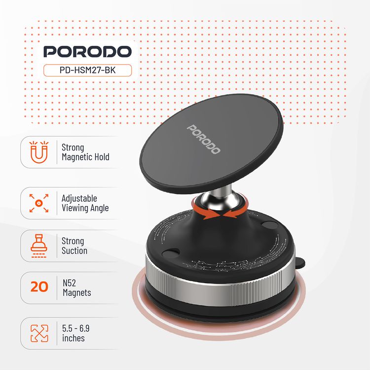 Porodo Vacuseal Smart Suction Magnetic Phone Mount with Adjustable Viewing Angle, N52 Magnets, 5.5" to 6.9" Device Compatibility, Strong Suction - Black